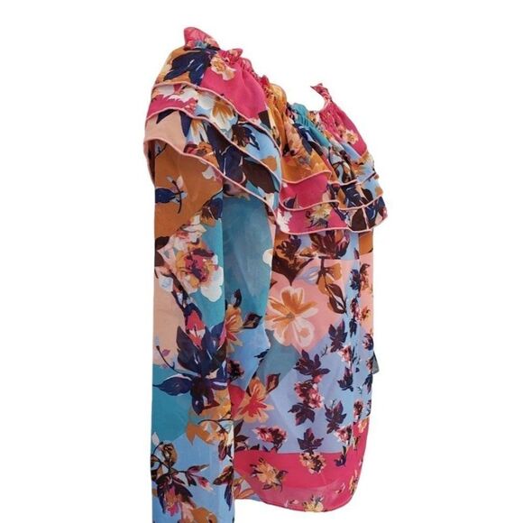 Bar III Off The Shoulder Blouse Top Women's SMALL Pink Blue White Floral Ruffles - Picture 2 of 11